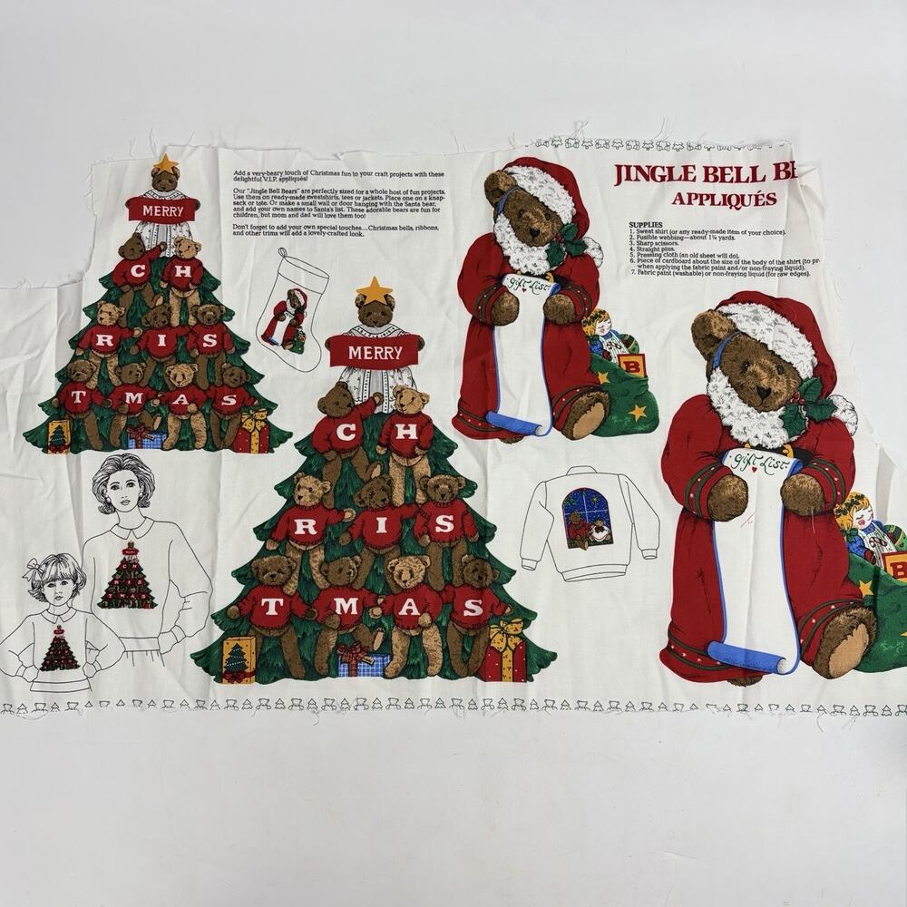 VIP Fabric Panel Jingle Bell Bear Appliqués Cranston Christmas Cotton Vintage